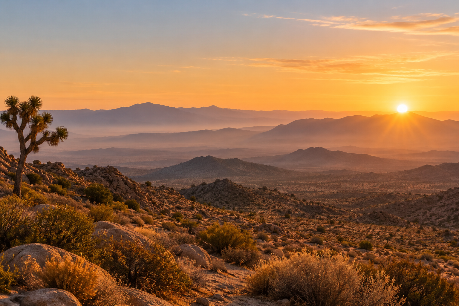Illustrative sunrise over the Mojave Desert foothills
